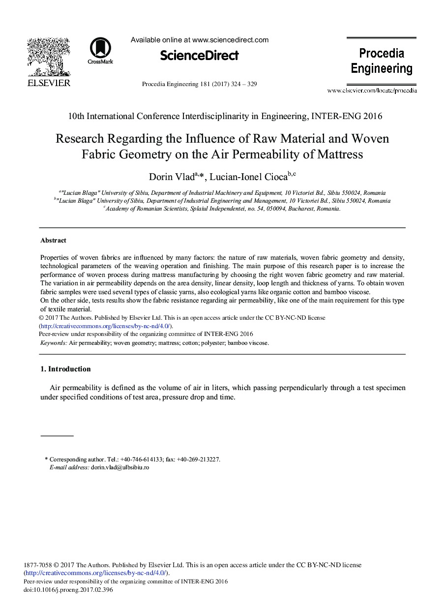 Research Regarding the Influence of Raw Material and Woven Fabric Geometry on the Air Permeability of Mattress
