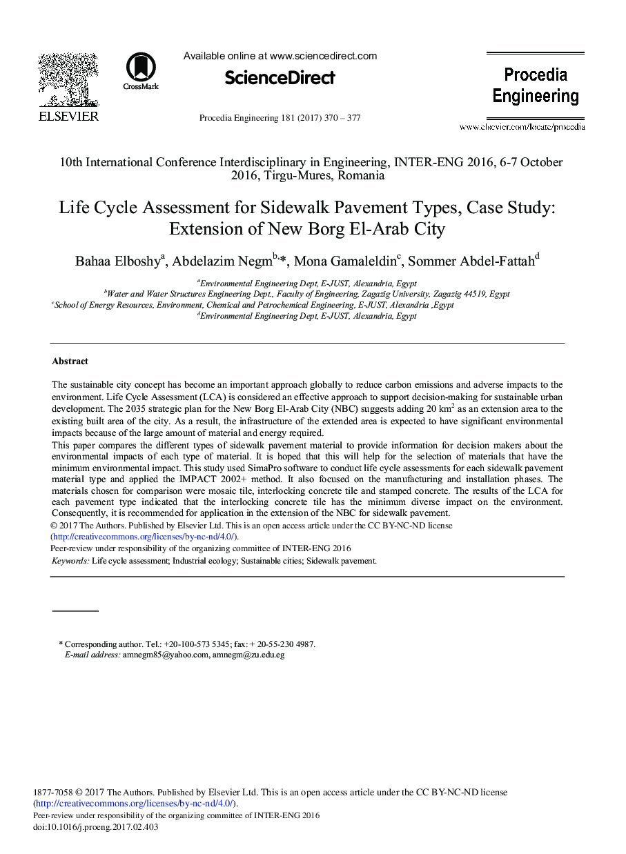 Life Cycle Assessment for Sidewalk Pavement Types, Case Study: Extension of New Borg El-Arab City