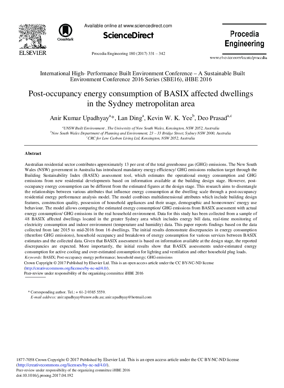 Post-occupancy Energy Consumption of BASIX Affected Dwellings in the Sydney Metropolitan Area