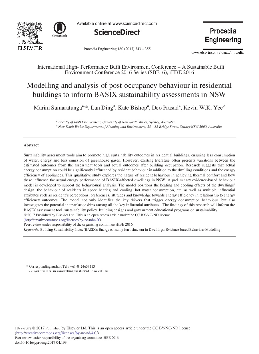 Modelling and Analysis of Post-occupancy Behaviour in Residential Buildings to Inform BASIX Sustainability Assessments in NSW