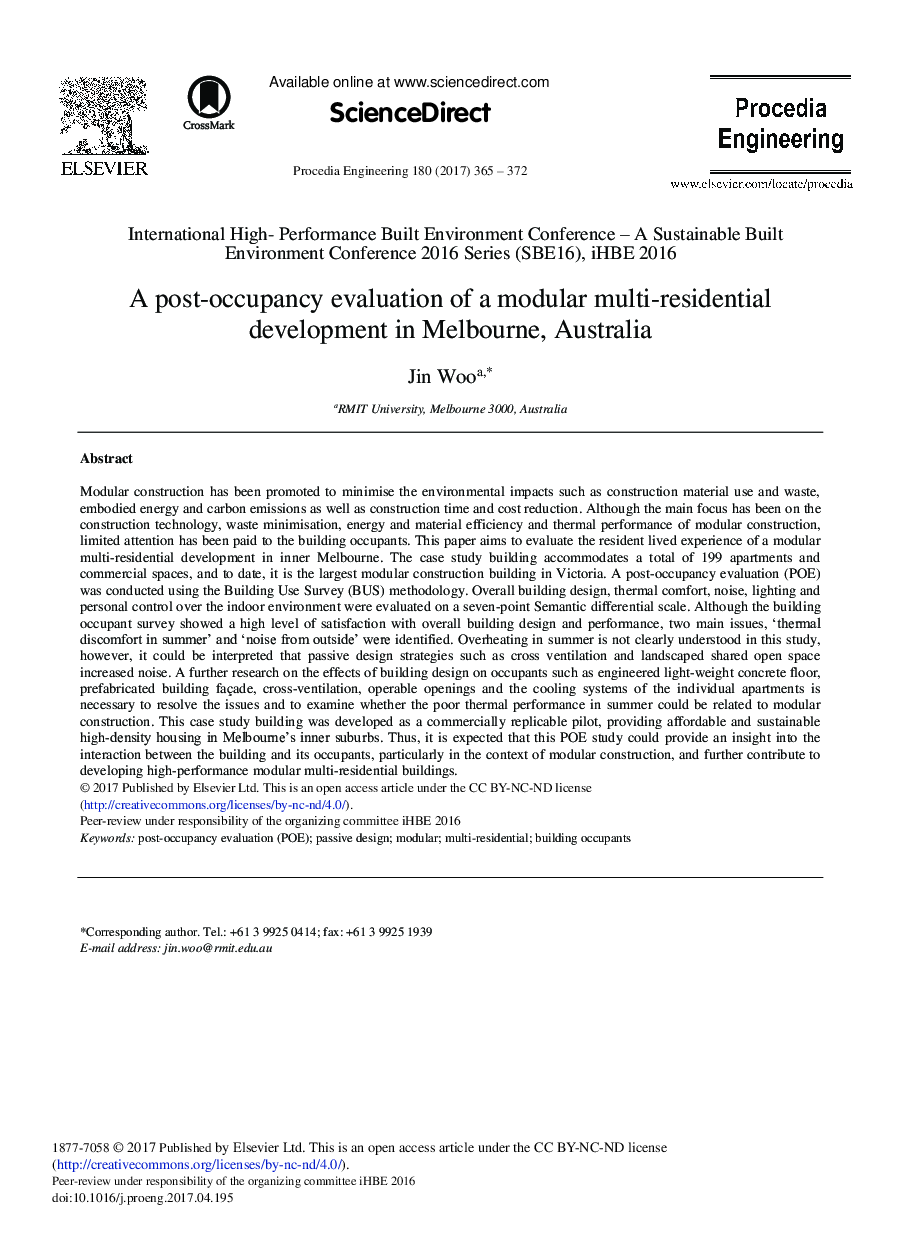 A Post-occupancy Evaluation of a Modular Multi-residential Development in Melbourne, Australia