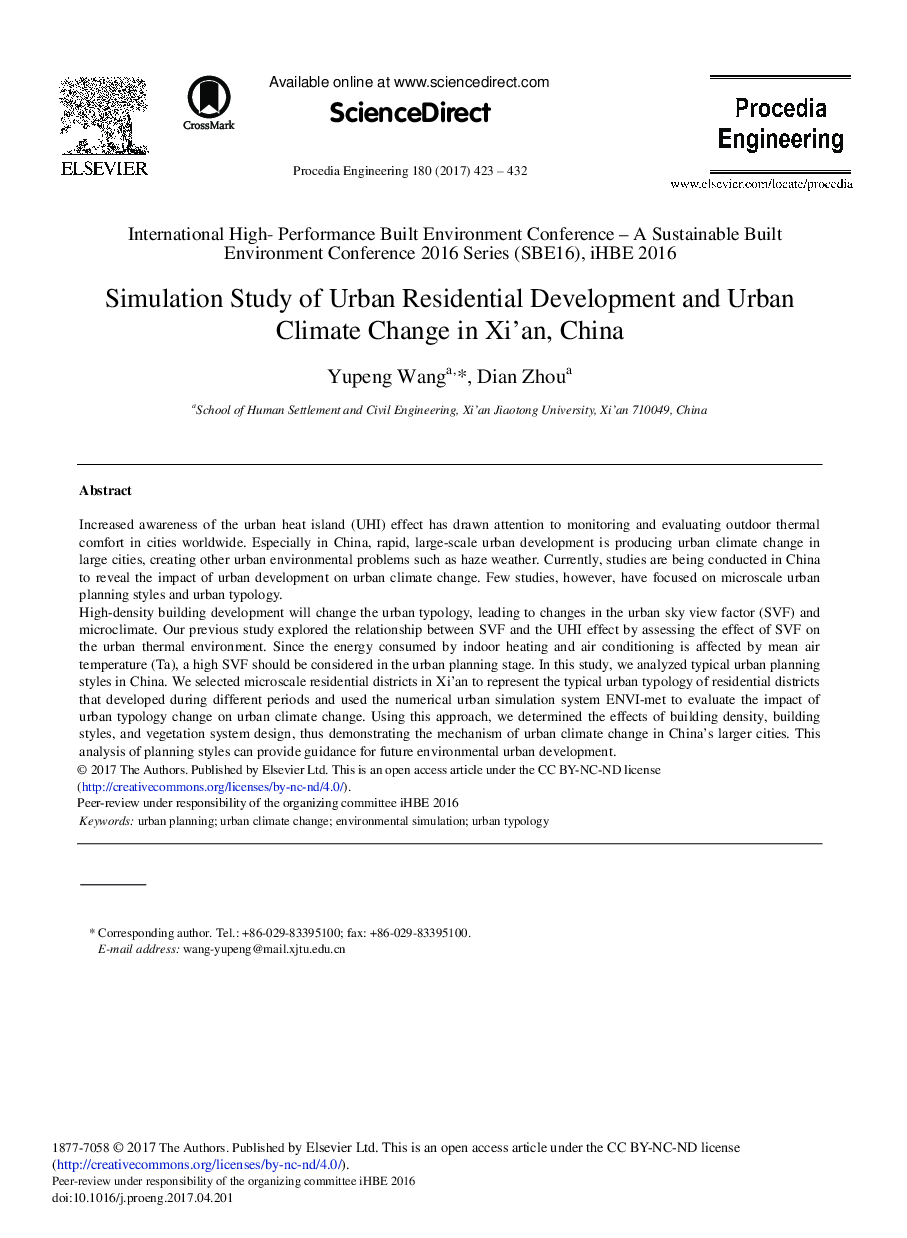 Simulation Study of Urban Residential Development and Urban Climate Change in Xi'an, China