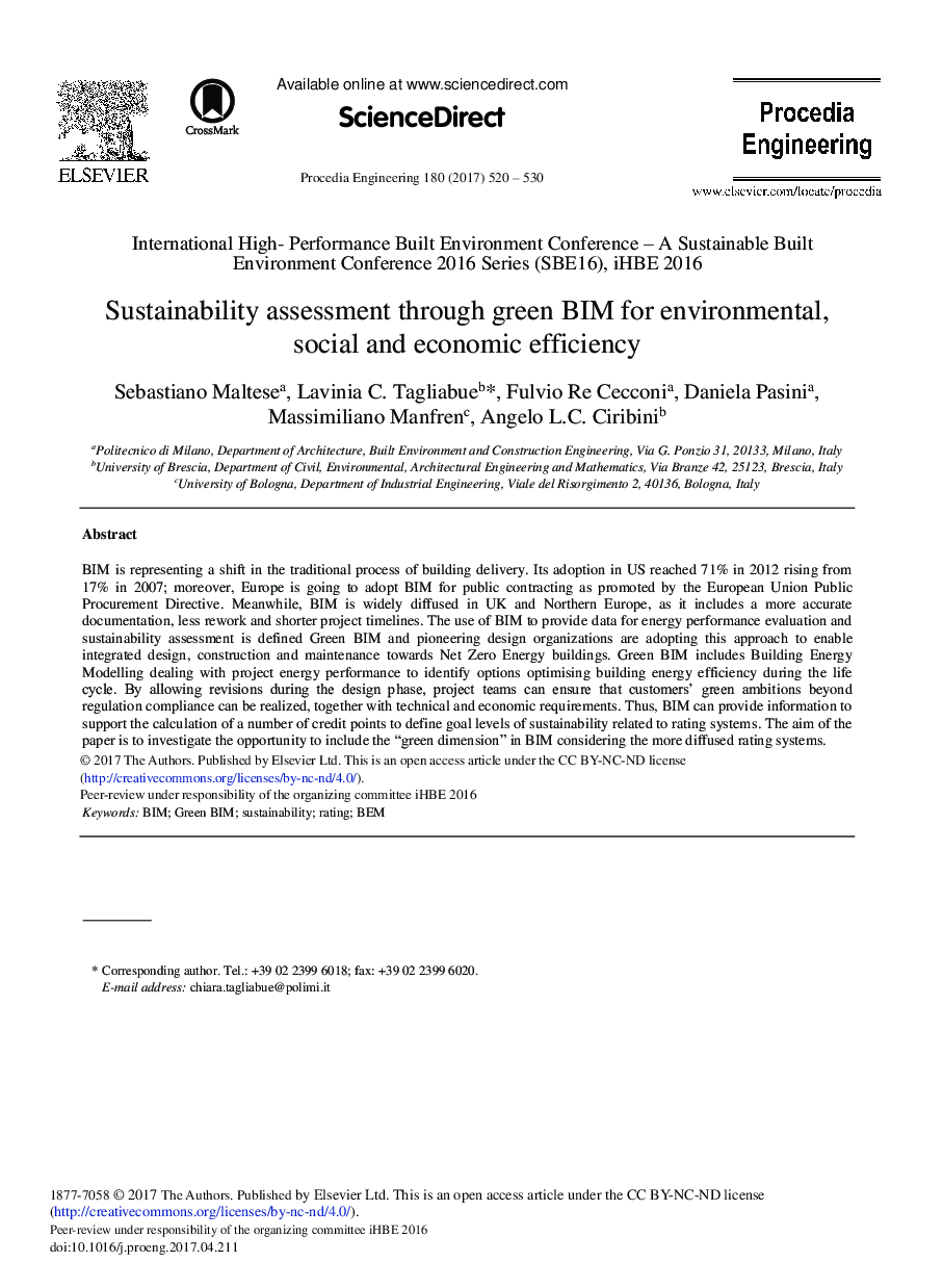 Sustainability Assessment through Green BIM for Environmental, Social and Economic Efficiency