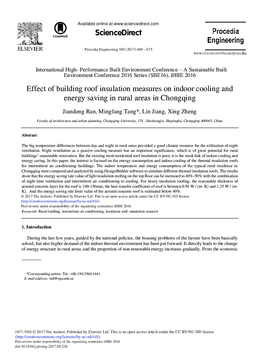 Effect of Building Roof Insulation Measures on Indoor Cooling and Energy Saving in Rural Areas in Chongqing