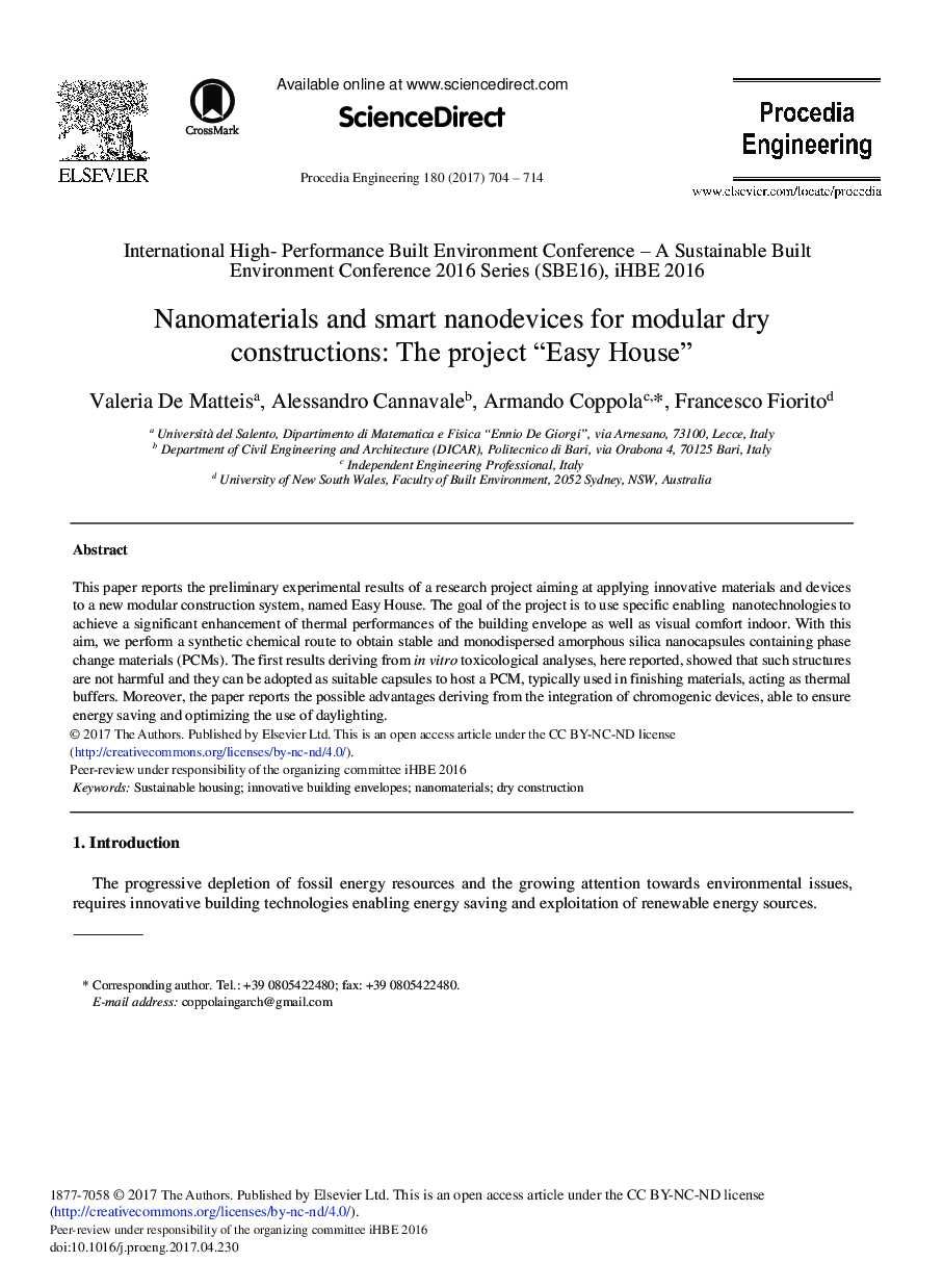 Nanomaterials and Smart Nanodevices for Modular Dry Constructions: The Project “Easy House”