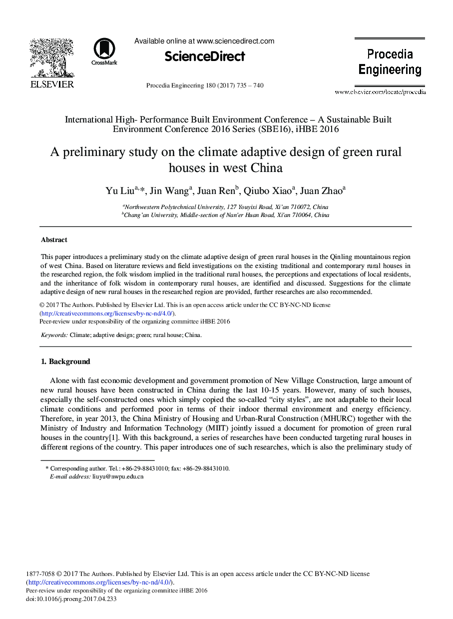 A Preliminary Study on the Climate Adaptive Design of Green Rural Houses in west China