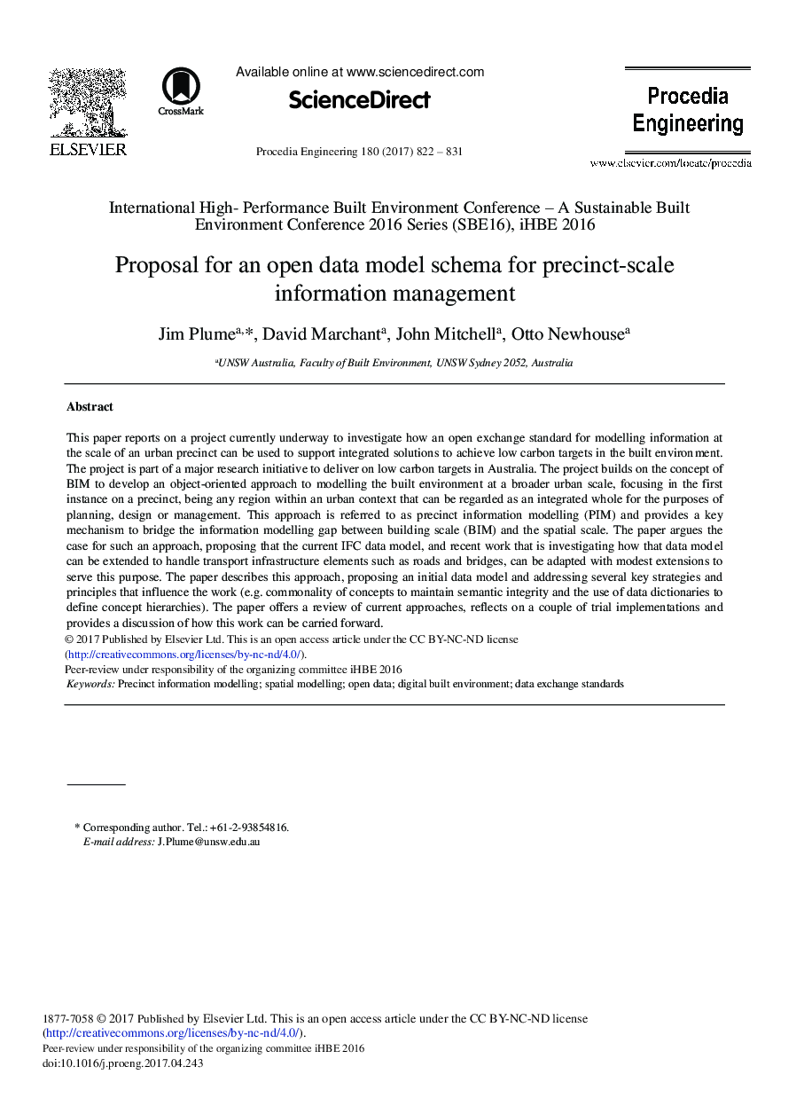 Proposal for an Open Data Model Schema for Precinct-scale Information Management