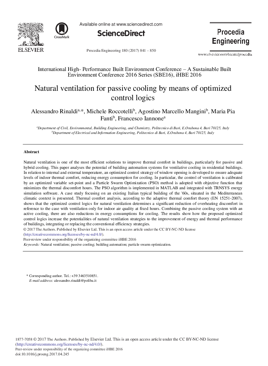 Natural Ventilation for Passive Cooling by Means of Optimized Control Logics