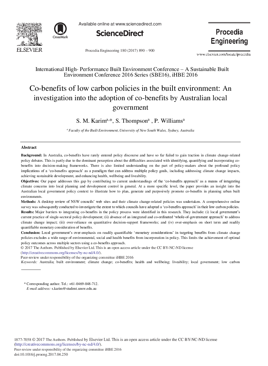 Co-benefits of Low Carbon Policies in the Built Environment: An Investigation into the Adoption of Co-benefits by Australian Local Government