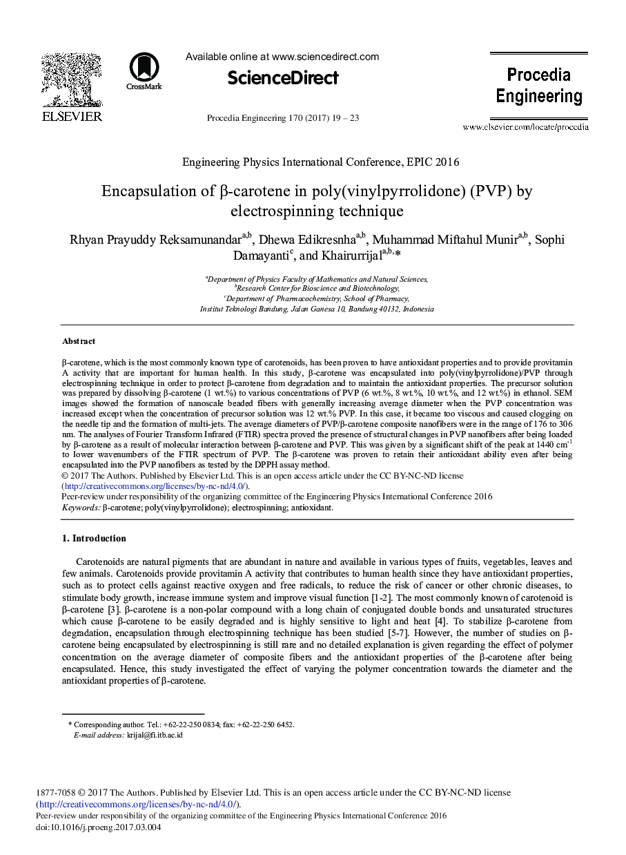 Encapsulation of Î²-carotene in poly(vinylpyrrolidone) (PVP) by Electrospinning Technique