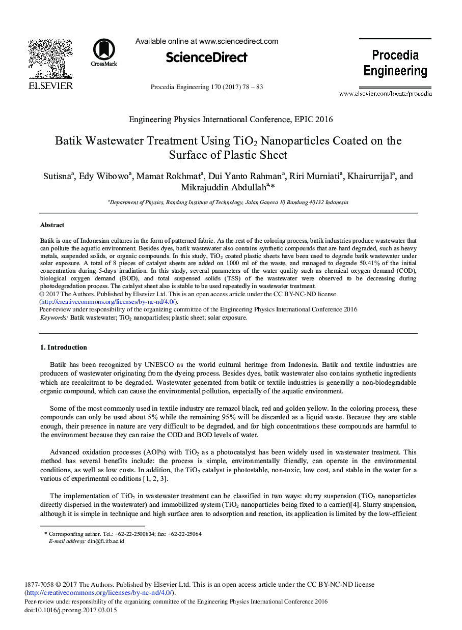 Batik Wastewater Treatment Using TiO2 Nanoparticles Coated on the Surface of Plastic Sheet