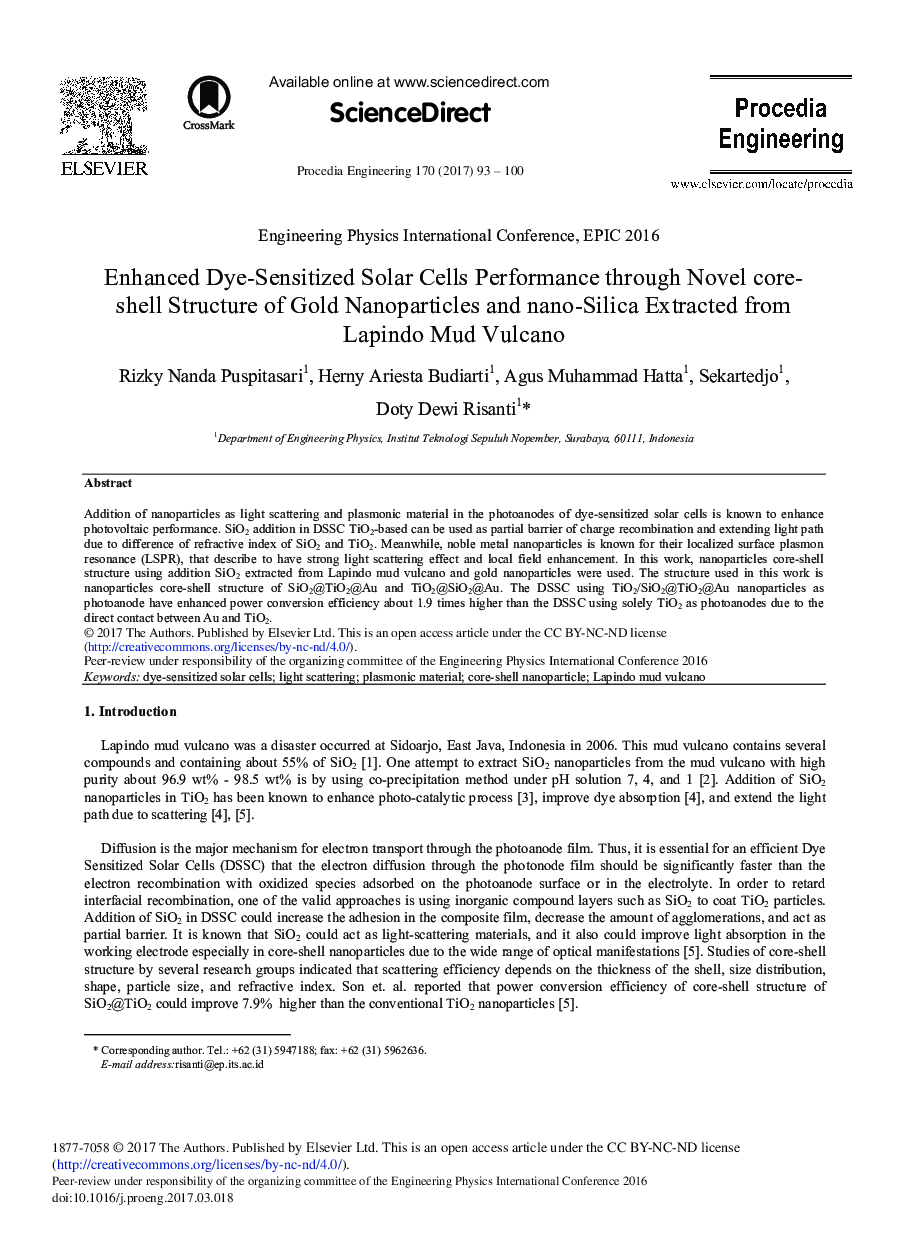 Enhanced Dye-Sensitized Solar Cells Performance through Novel Core-shell Structure of Gold Nanoparticles and Nano-Silica Extracted from Lapindo Mud Vulcano