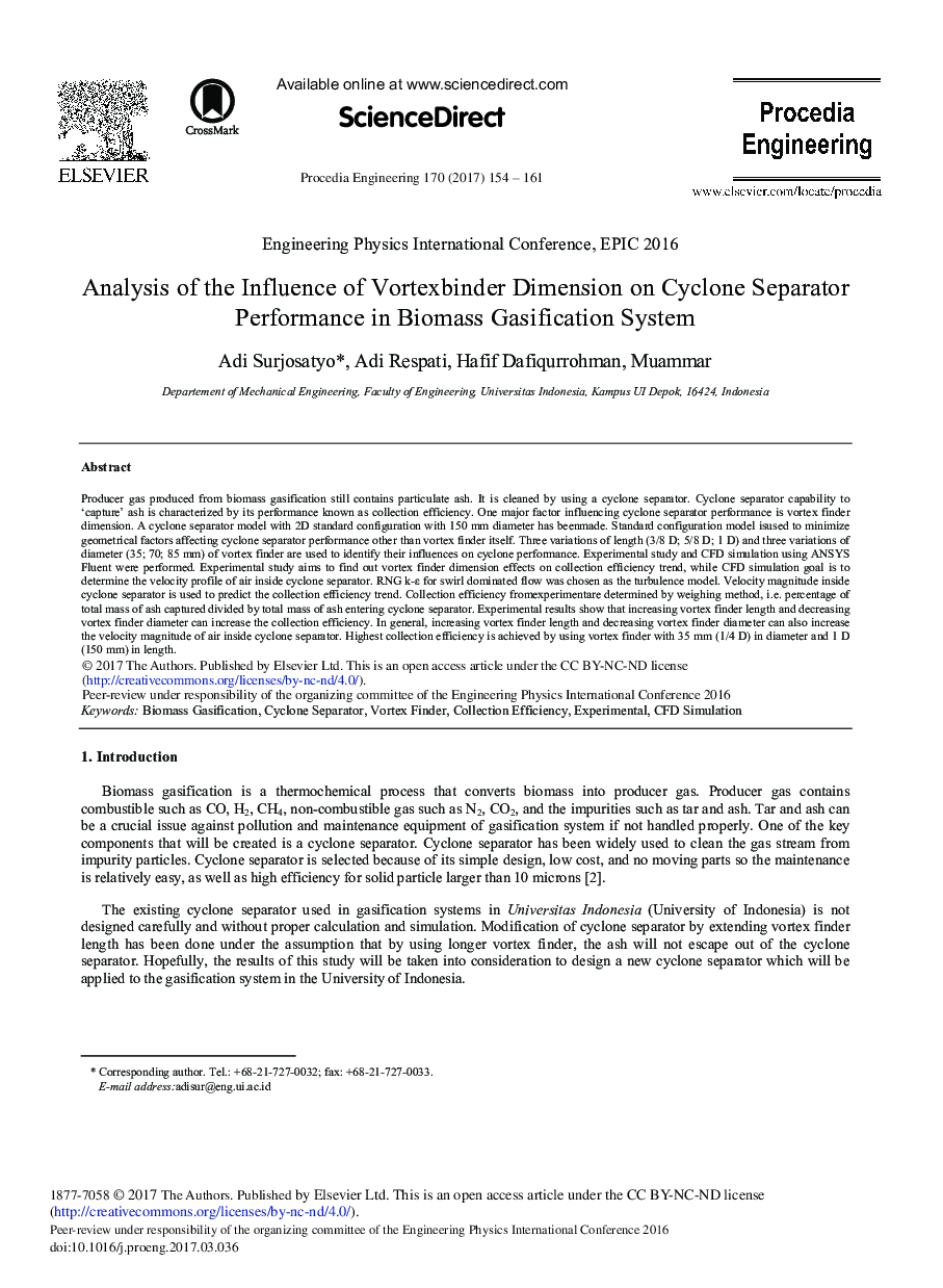 Analysis of the Influence of Vortexbinder Dimension on Cyclone Separator Performance in Biomass Gasification System