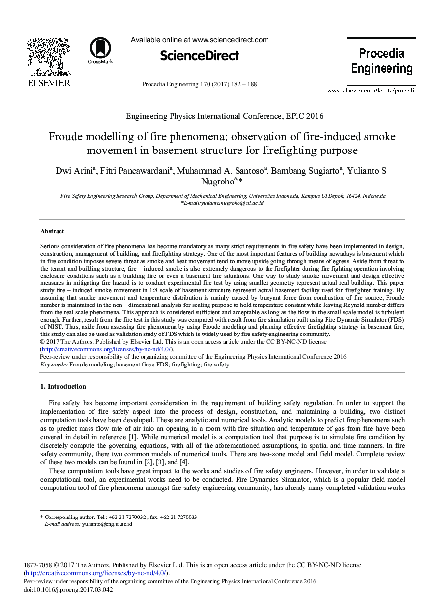 Froude Modelling of Fire Phenomena: Observation of Fire-induced Smoke Movement in Basement Structure for Firefighting Purpose