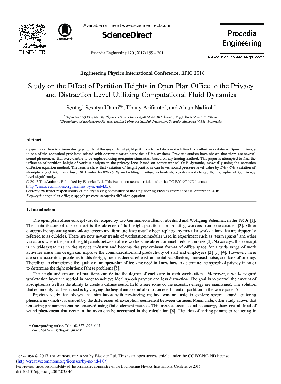 Study on the Effect of Partition Heights in Open Plan Office to the Privacy and Distraction Level Utilizing Computational Fluid Dynamics