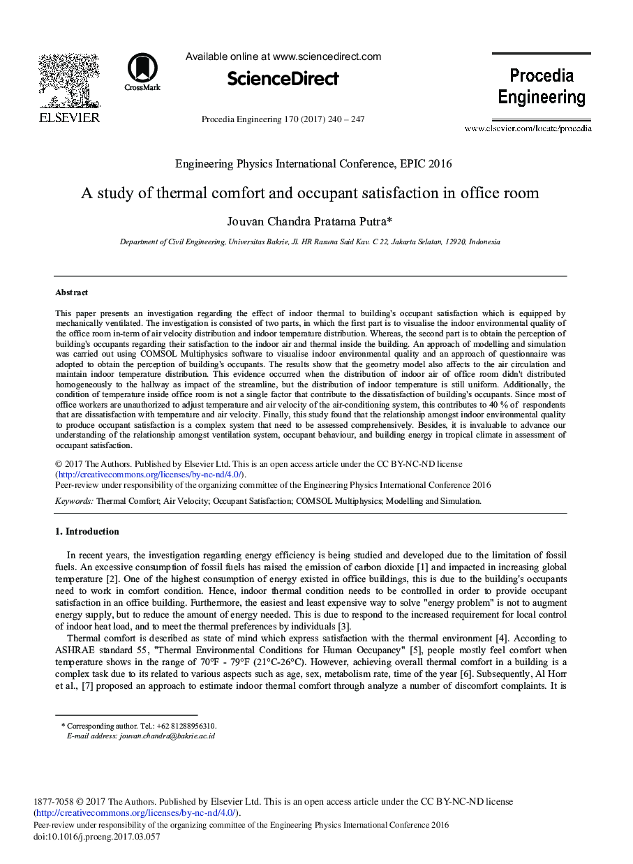 A Study of Thermal Comfort and Occupant Satisfaction in Office Room