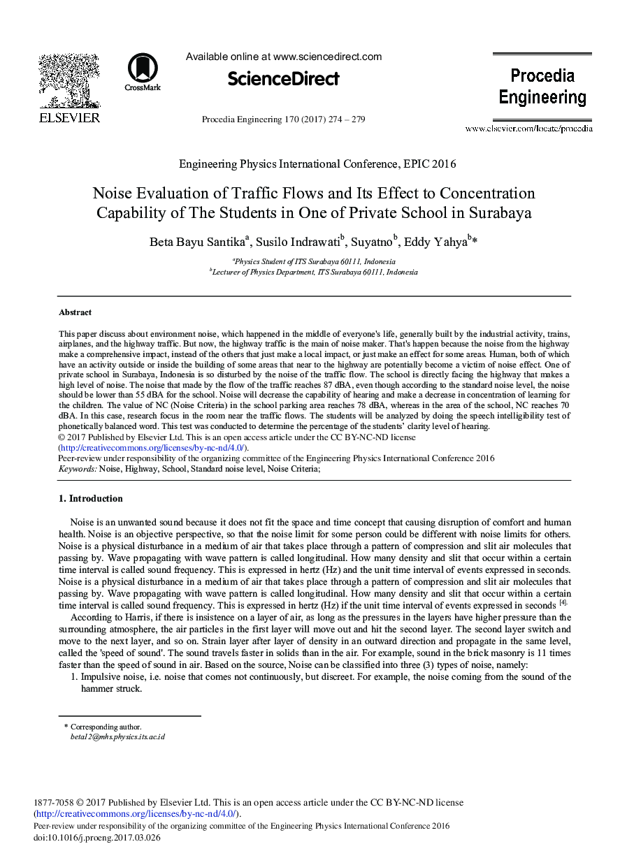 Noise Evaluation of Traffic Flows and Its Effect to Concentration Capability of the Students in One of Private School in Surabaya