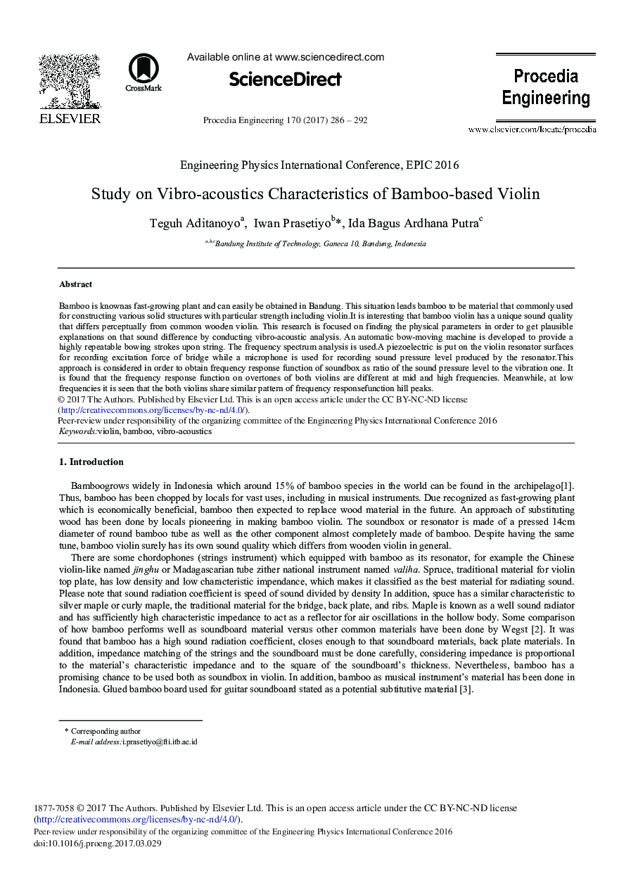 Study on Vibro-acoustics Characteristics of Bamboo-based Violin