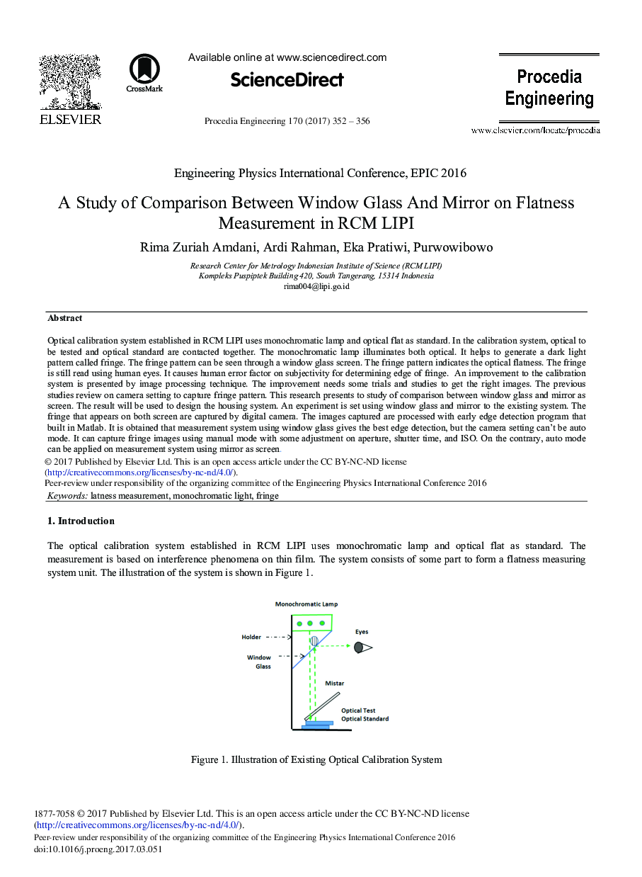 A Study of Comparison between Window Glass and Mirror on Flatness Measurement in RCM LIPI