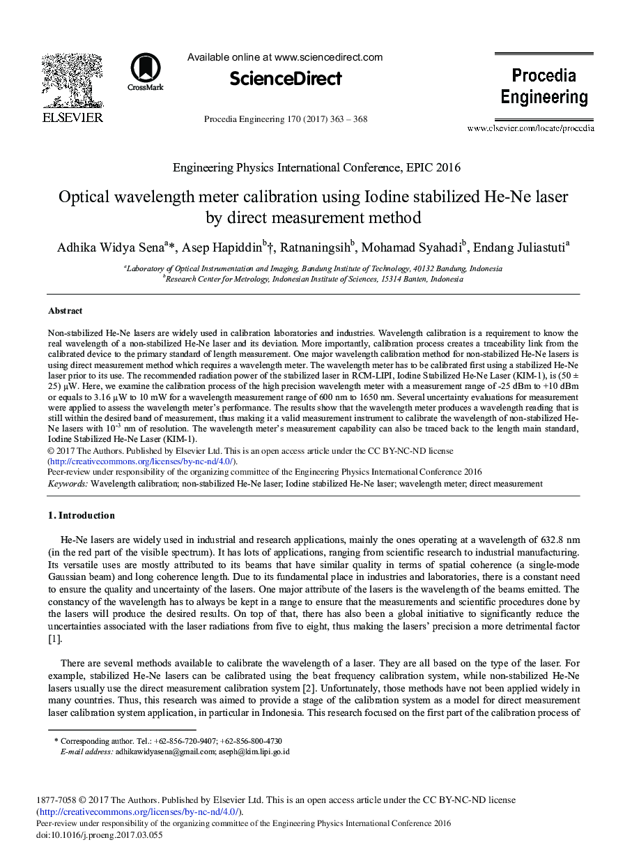 Optical Wavelength Meter Calibration Using Iodine Stabilized He-Ne Laser by Direct Measurement Method