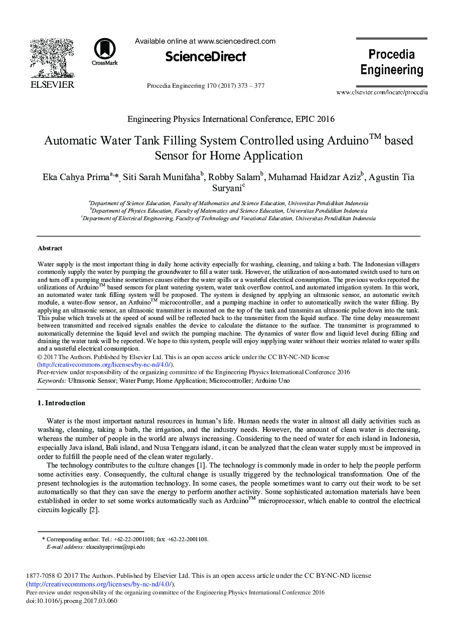 Automatic Water Tank Filling System Controlled Using ArduinoTM Based Sensor for Home Application