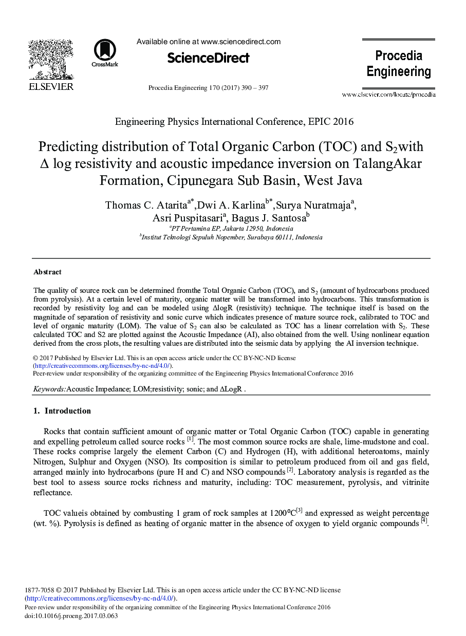 Predicting Distribution of Total Organic Carbon (TOC) and S2 with Î Log Resistivity and Acoustic Impedance Inversion on Talang Akar Formation, Cipunegara Sub Basin, West Java