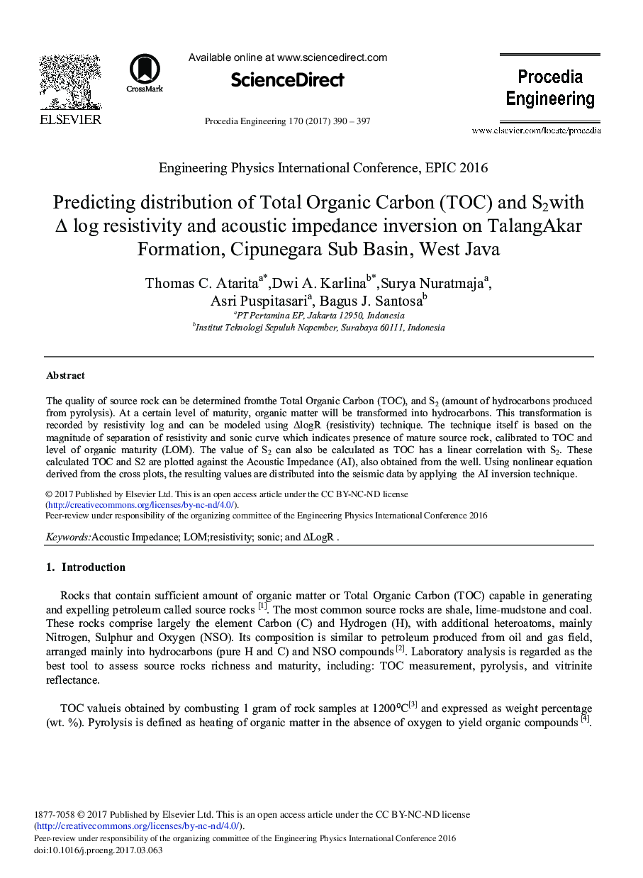 عکس صفحه اول مقاله: Predicting Distribution of Total Organic Carbon (TOC) and S2 with Î Log Resistivity and Acoustic Impedance Inversion on Talang Akar Formation, Cipunegara Sub Basin, West Java Predicting Distribution of Total Organic Carbon (TOC) and S2 with Î Log Resistivity and Acoustic Impedance Inversion on Talang Akar Formation, Cipunegara Sub Basin, West Java