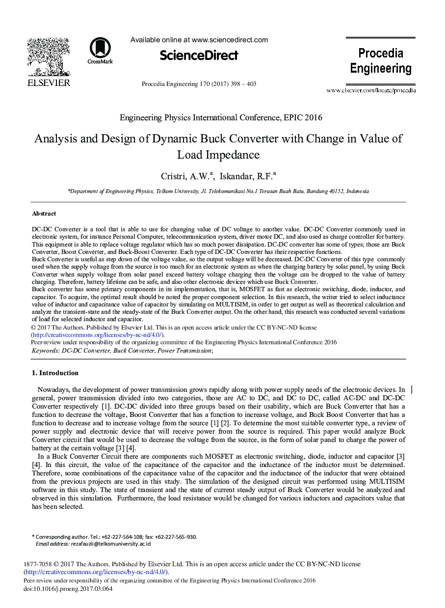 Analysis and Design of Dynamic Buck Converter with Change in Value of Load Impedance