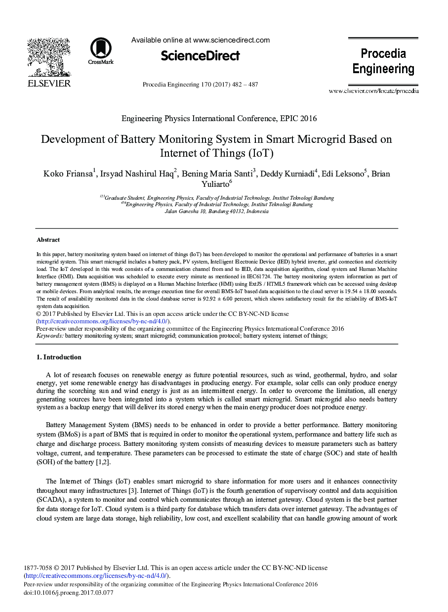 Development of Battery Monitoring System in Smart Microgrid Based on Internet of Things (IoT)