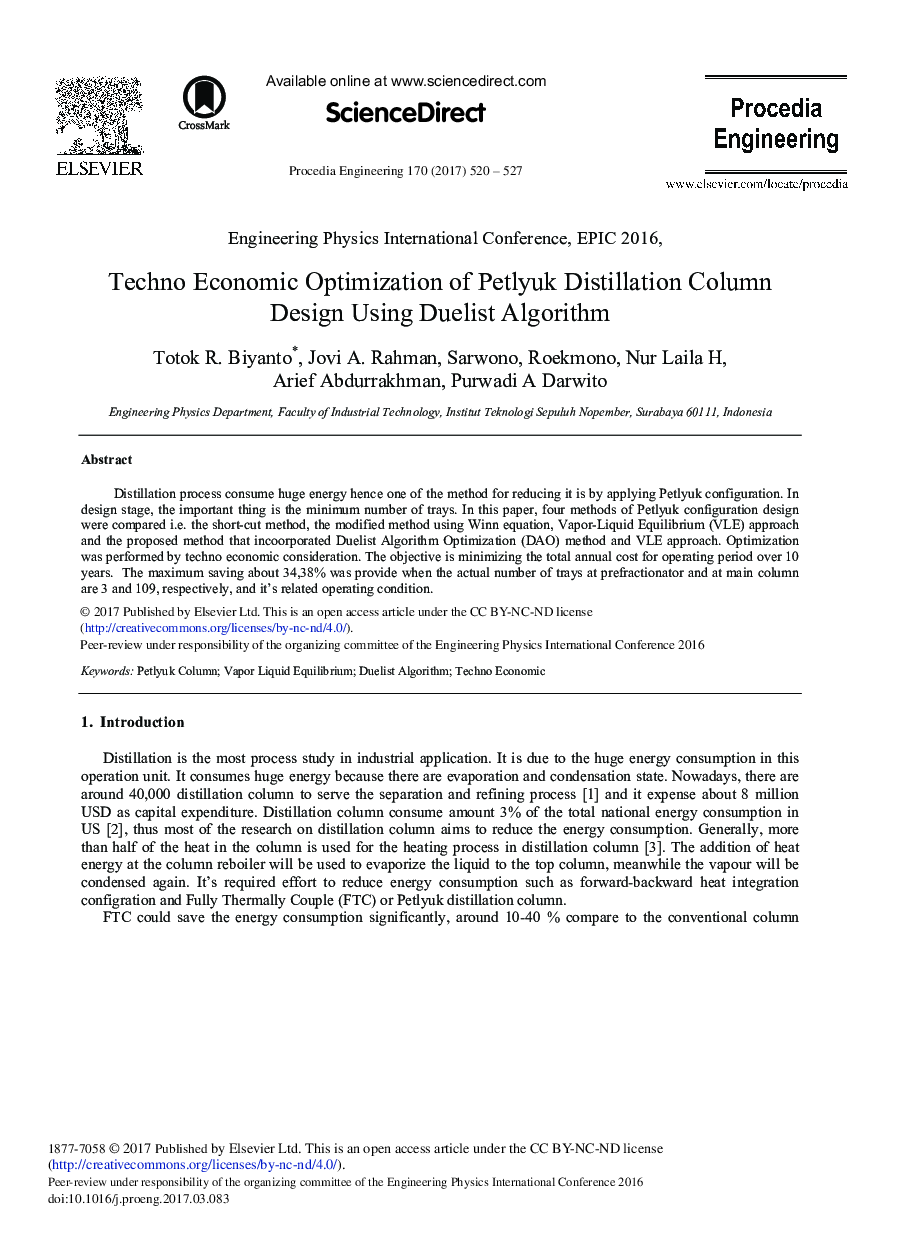 Techno Economic Optimization of Petlyuk Distillation Column Design Using Duelist Algorithm