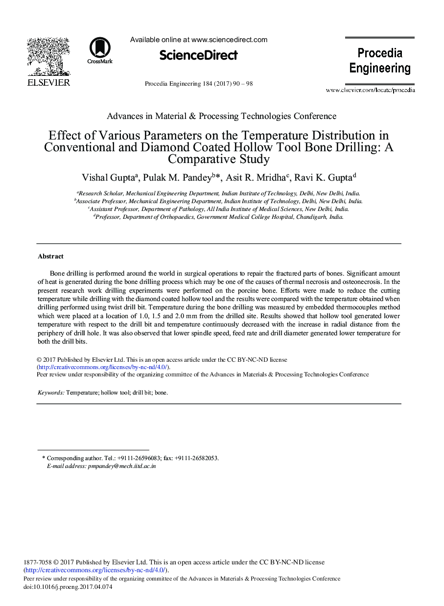 Effect of Various Parameters on the Temperature Distribution in Conventional and Diamond Coated Hollow Tool Bone Drilling: A Comparative Study