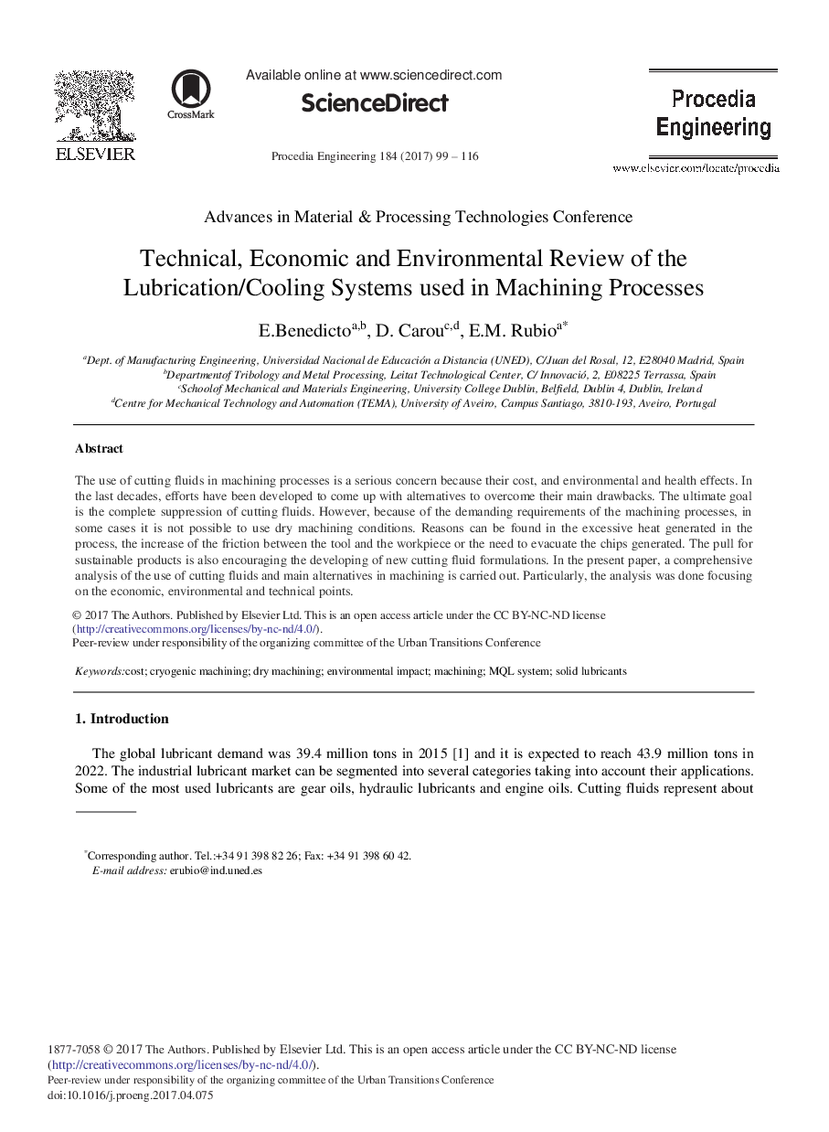 Technical, Economic and Environmental Review of the Lubrication/Cooling Systems Used in Machining Processes