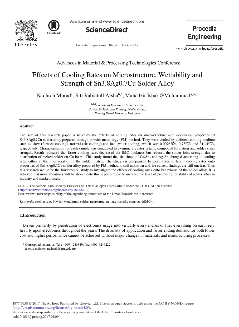 Effects of Cooling Rates on Microstructure, Wettability and Strength of Sn3.8Ag0.7Cu Solder Alloy