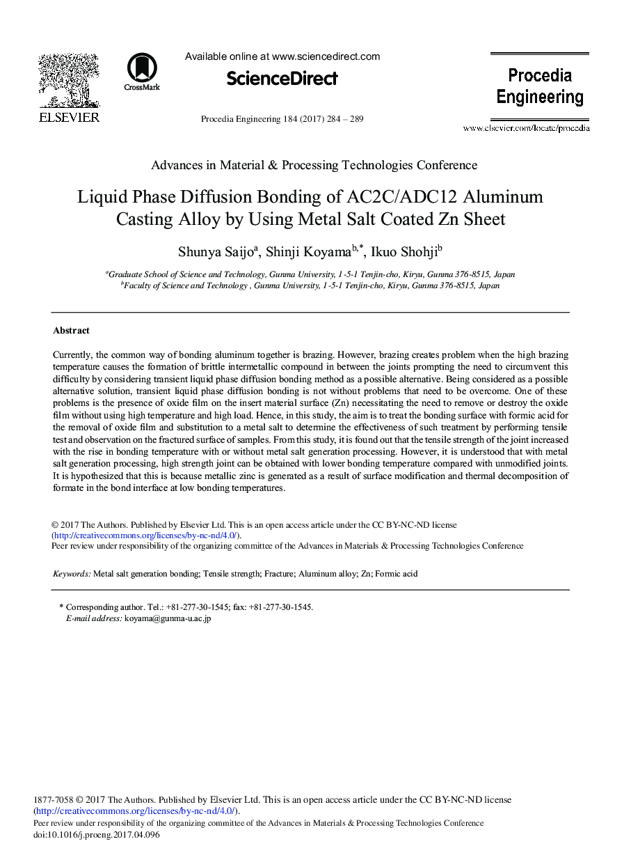 Liquid Phase Diffusion Bonding of AC2C/ADC12 Aluminum Casting Alloy by Using Metal Salt Coated Zn Sheet