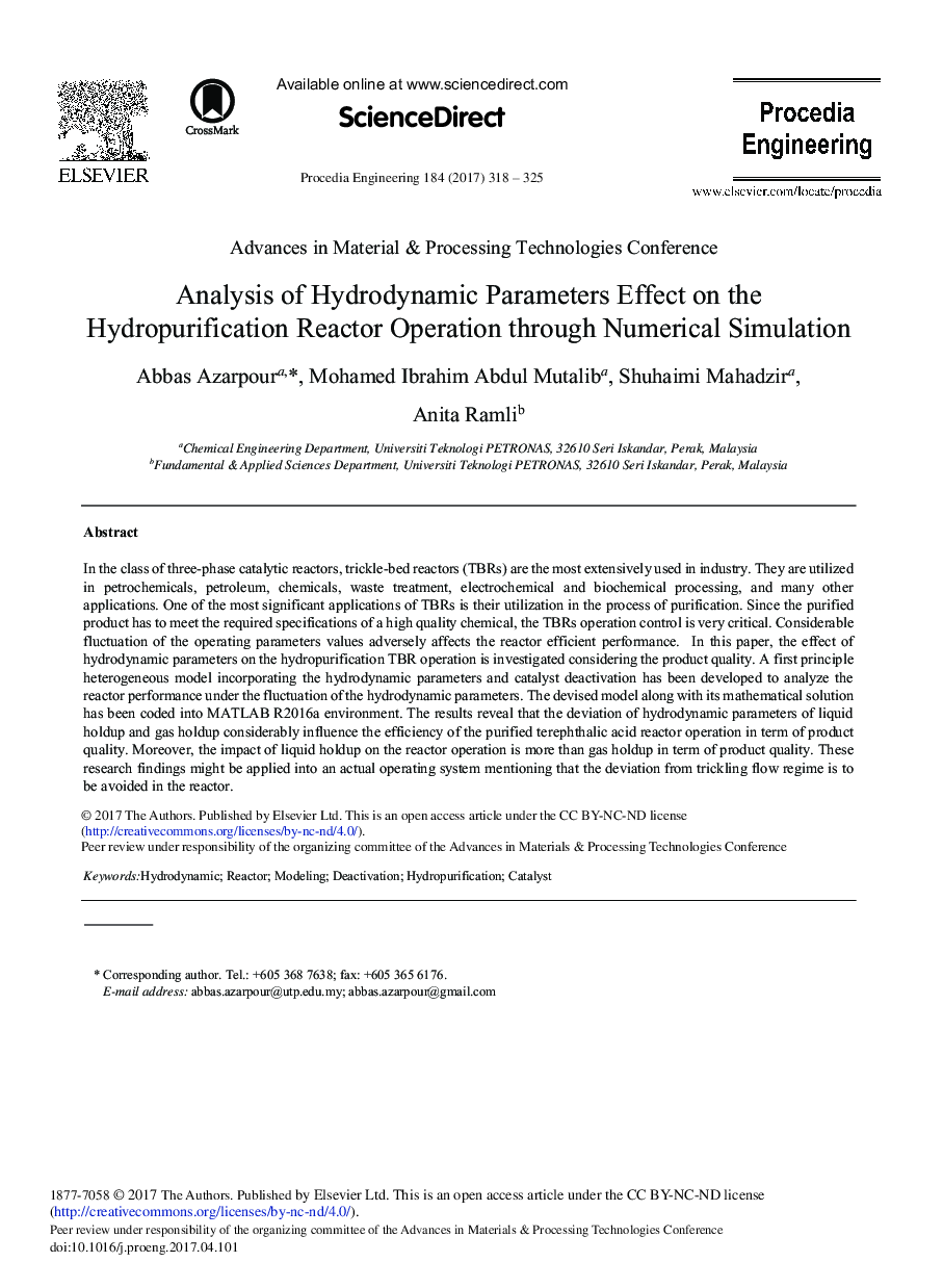 Analysis of Hydrodynamic Parameters Effect on the Hydropurification Reactor Operation through Numerical Simulation