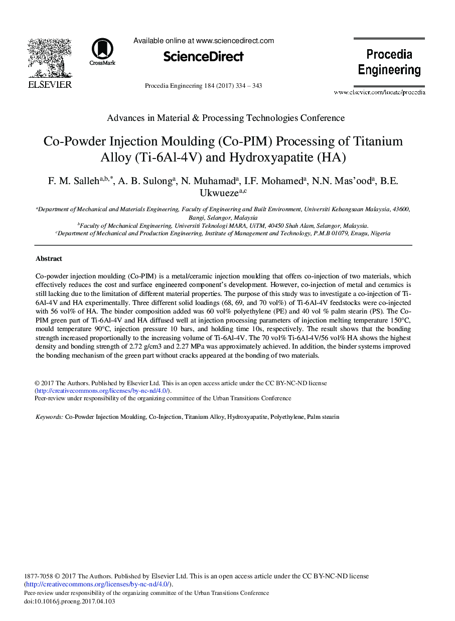 Co-Powder Injection Moulding (Co-PIM) Processing of Titanium Alloy (Ti-6Al-4V) and Hydroxyapatite (HA)