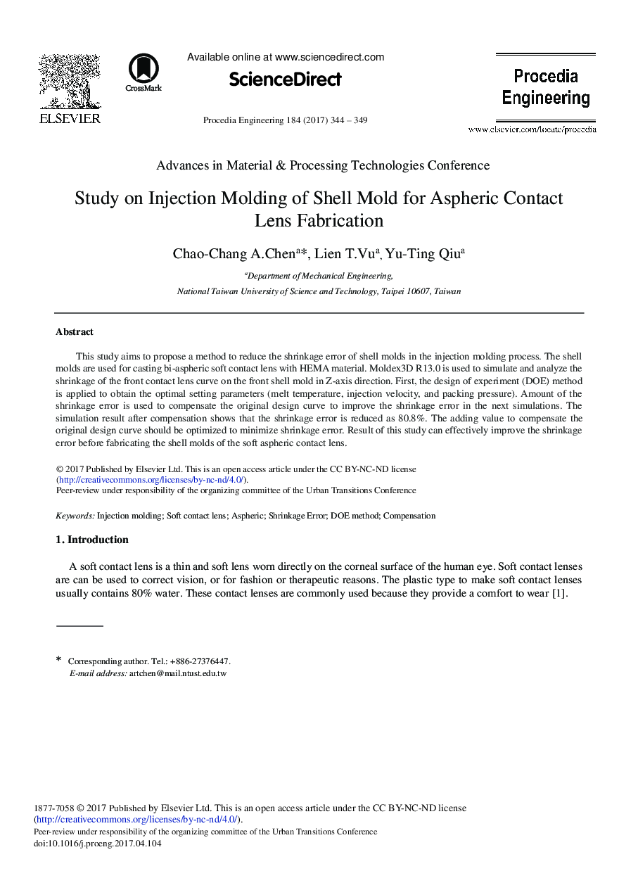 Study on Injection Molding of Shell Mold for Aspheric Contact Lens Fabrication