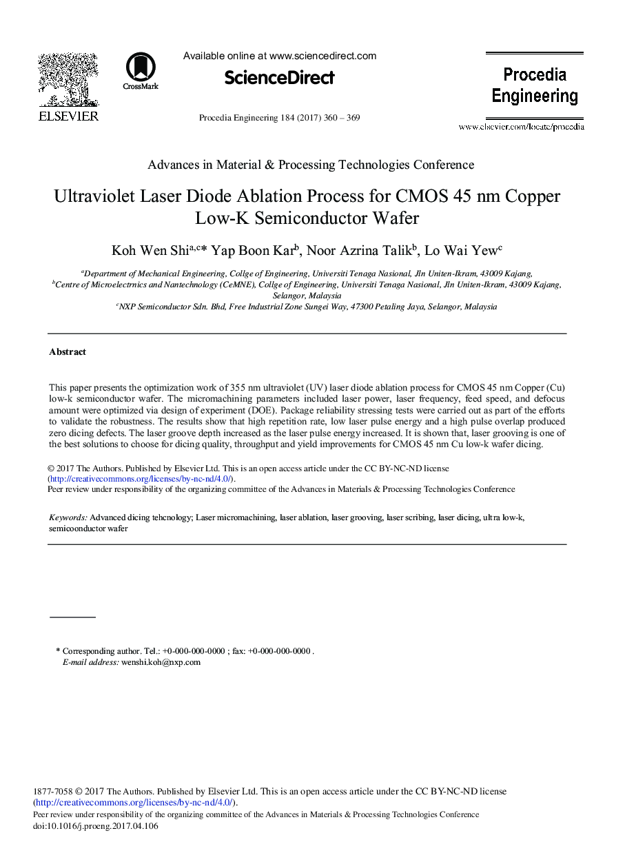 Ultraviolet Laser Diode Ablation Process for CMOS 45 nm Copper Low-K Semiconductor Wafer