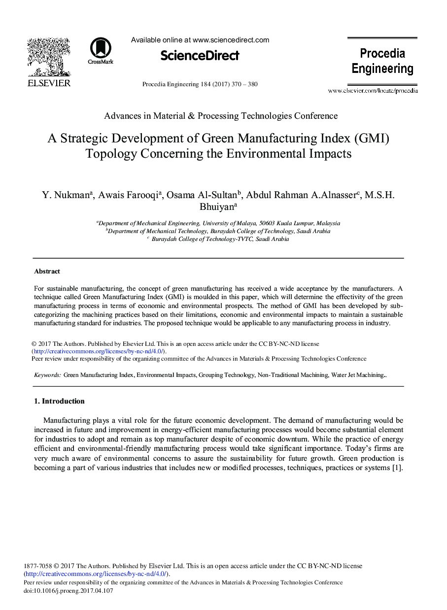 A Strategic Development of Green Manufacturing Index (GMI) Topology Concerning the Environmental Impacts