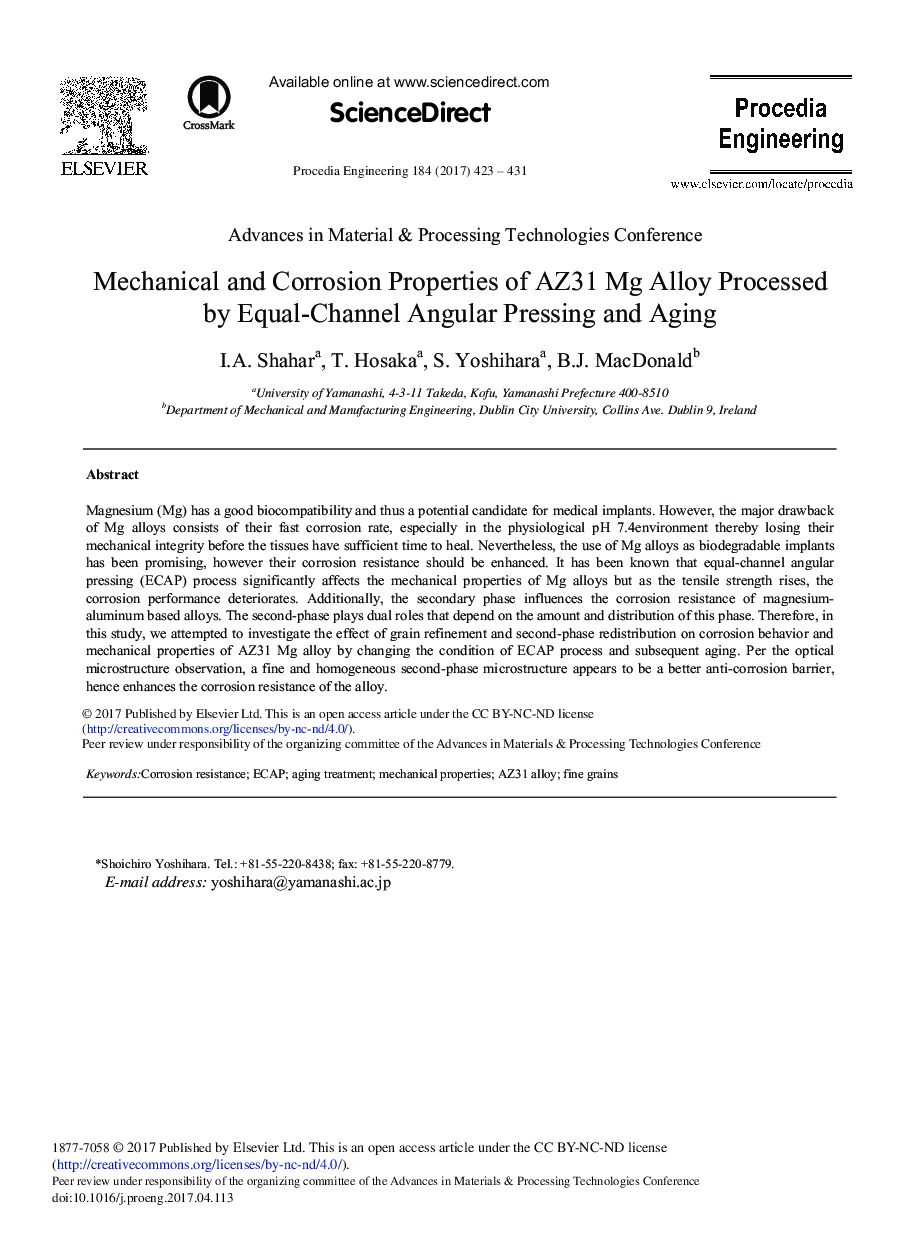 Mechanical and Corrosion Properties of AZ31 Mg Alloy Processed by Equal-Channel Angular Pressing and Aging