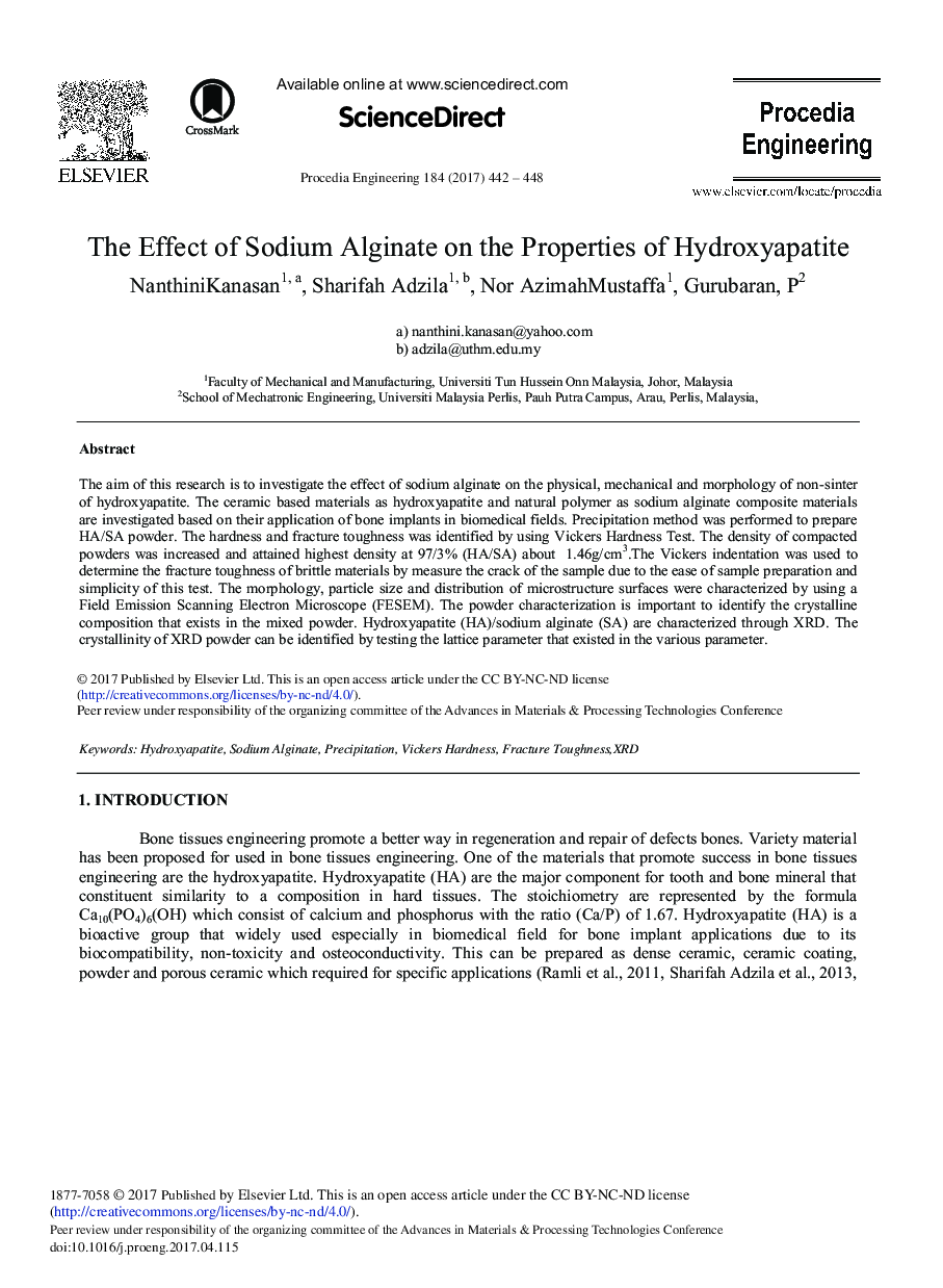 The Effect of Sodium Alginate on the Properties of Hydroxyapatite