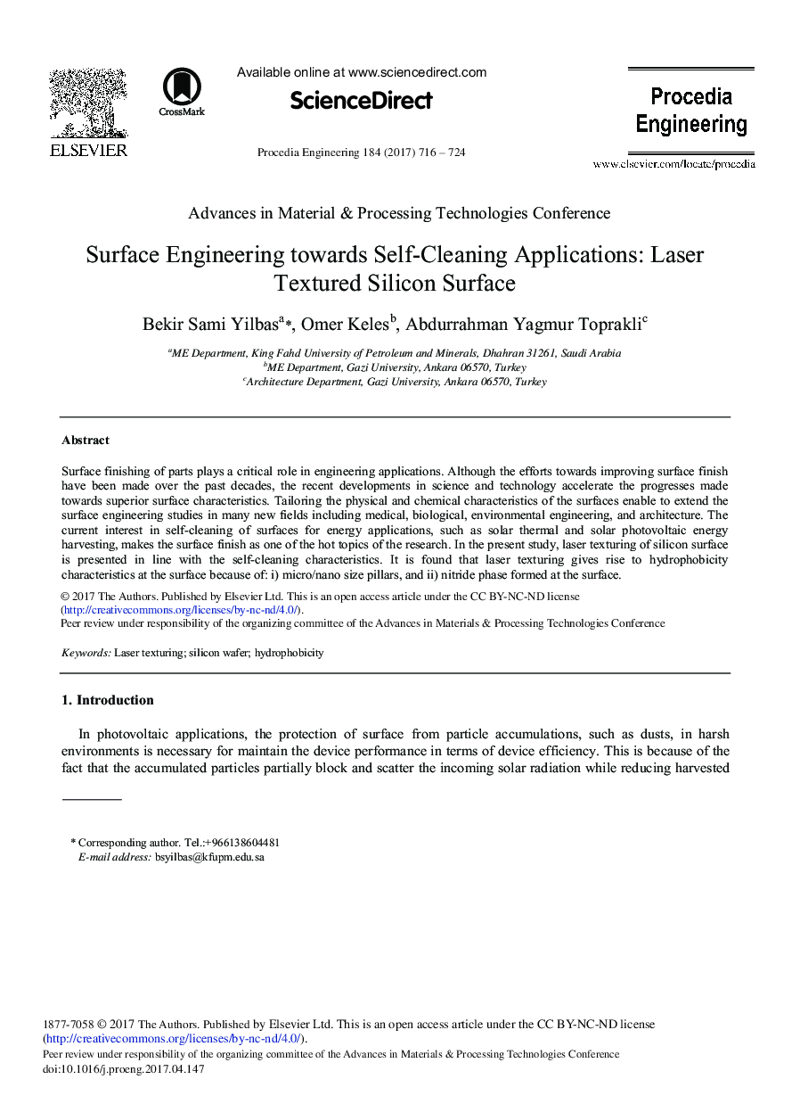 Surface Engineering towards Self-Cleaning Applications: Laser Textured Silicon Surface