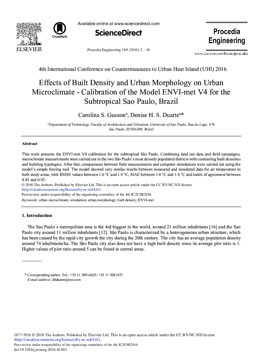 Effects of Built Density and Urban Morphology on Urban Microclimate - Calibration of the Model ENVI-met V4 for the Subtropical Sao Paulo, Brazil