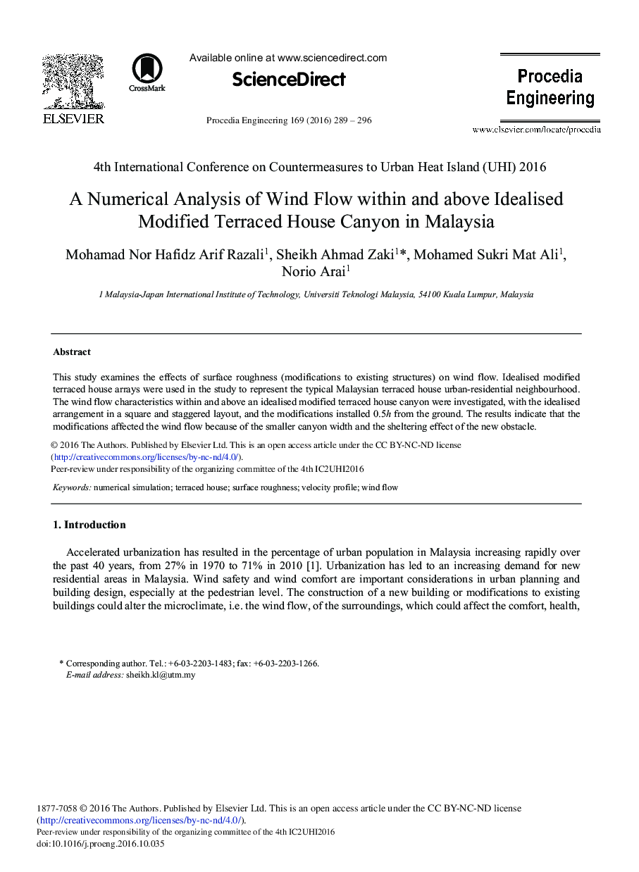 A Numerical Analysis of Wind Flow within and above Idealised Modified Terraced House Canyon in Malaysia