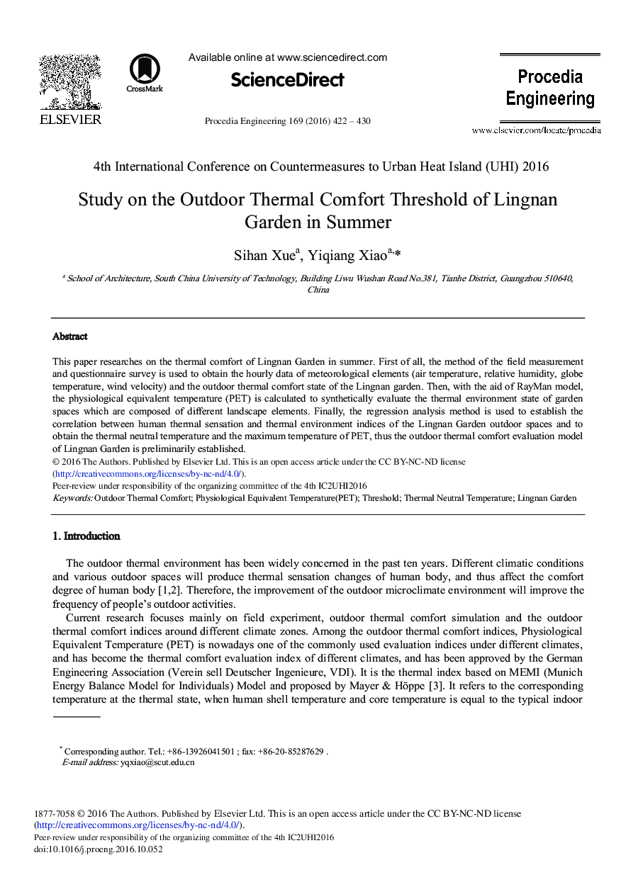 Study on the Outdoor Thermal Comfort Threshold of Lingnan Garden in Summer