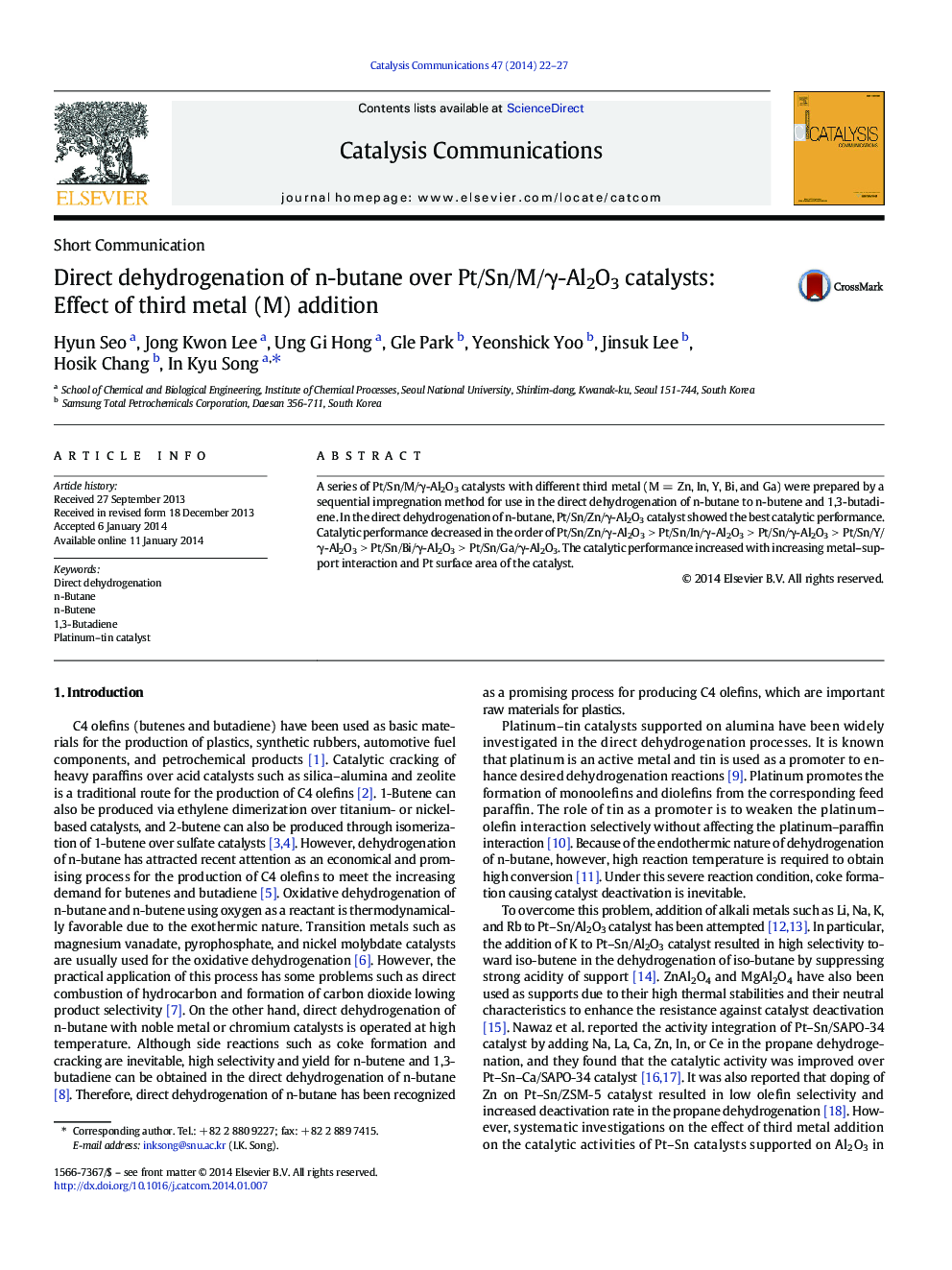 Direct dehydrogenation of n-butane over Pt/Sn/M/γ-Al2O3 catalysts: Effect of third metal (M) addition