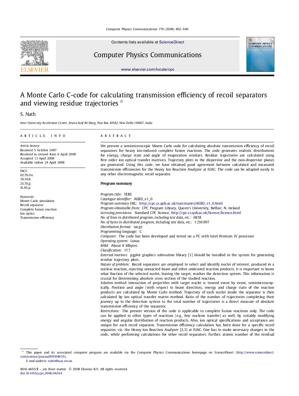 A Monte Carlo C-code for calculating transmission efficiency of recoil separators and viewing residue trajectories 