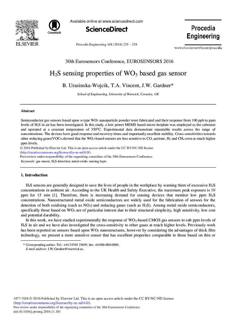 H2S Sensing Properties of WO3 based Gas Sensor