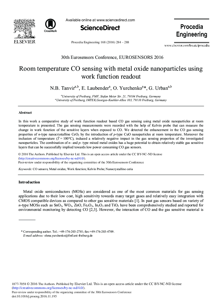 Room Temperature CO Sensing with Metal Oxide Nanoparticles Using work Function Readout