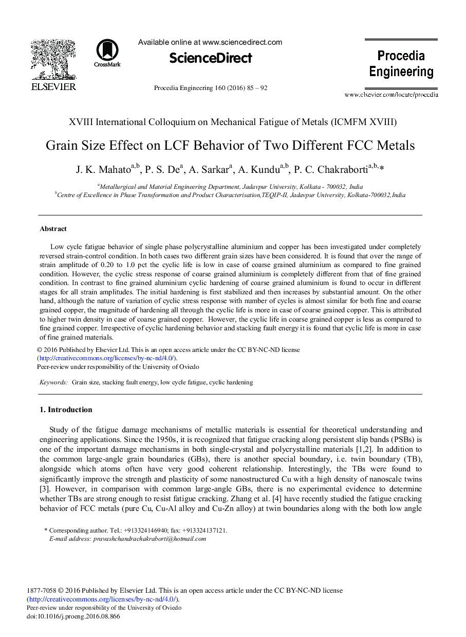 Grain Size Effect on LCF Behavior of Two Different FCC Metals